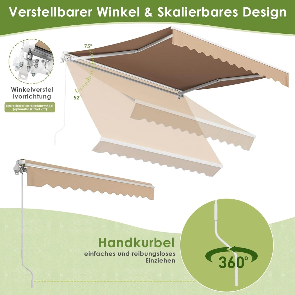 Tenda a bracci snodati 250 x 200 cm, UPF 50+ impermeabile, manovella & supporto a parete, Regolazione angolare 52-75°, Terrazzo & Balcone, Beige