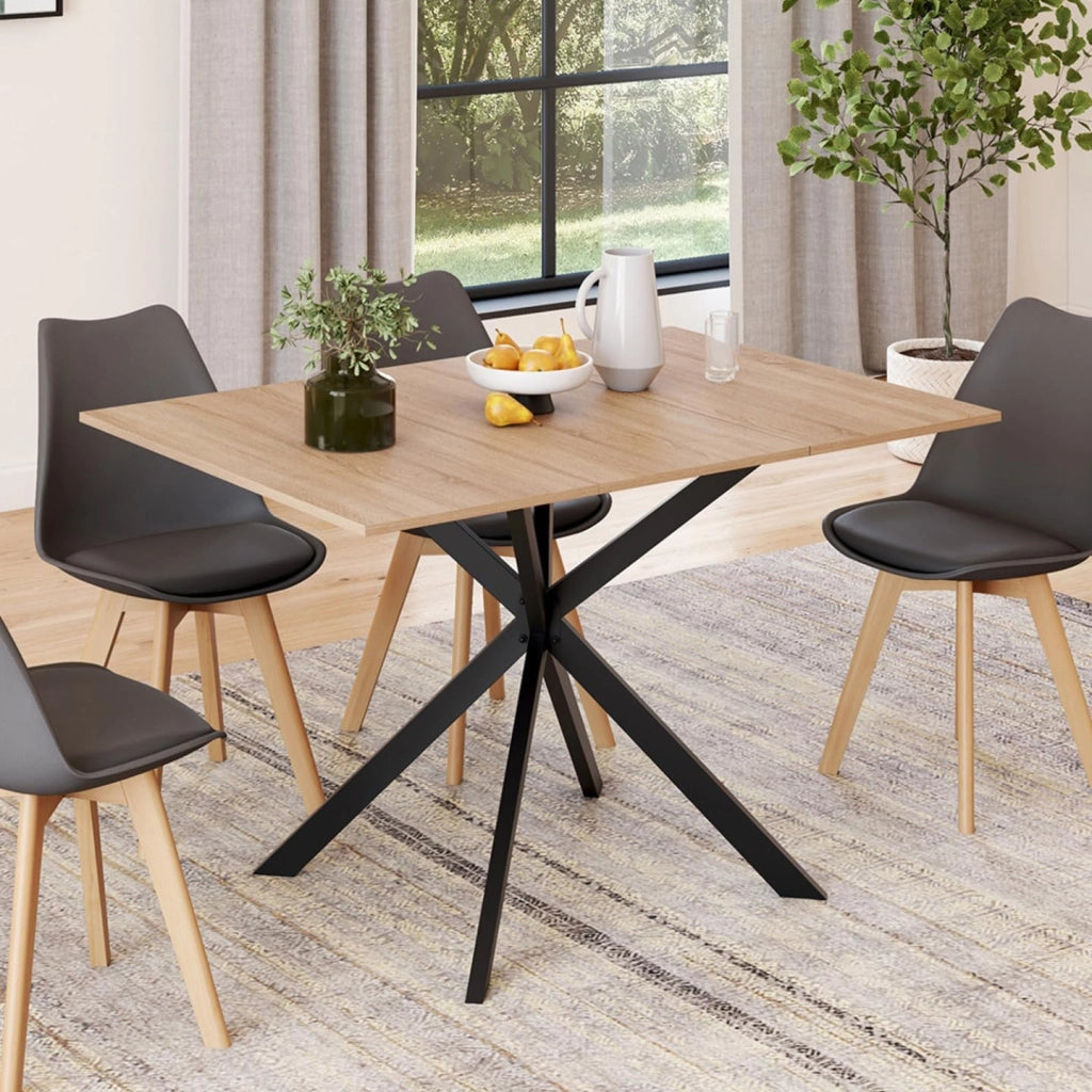ALIX Tavolo da pranzo quadrato allungabile per 4-6 persone con gamba in legno e ragno nero 80-120 cm