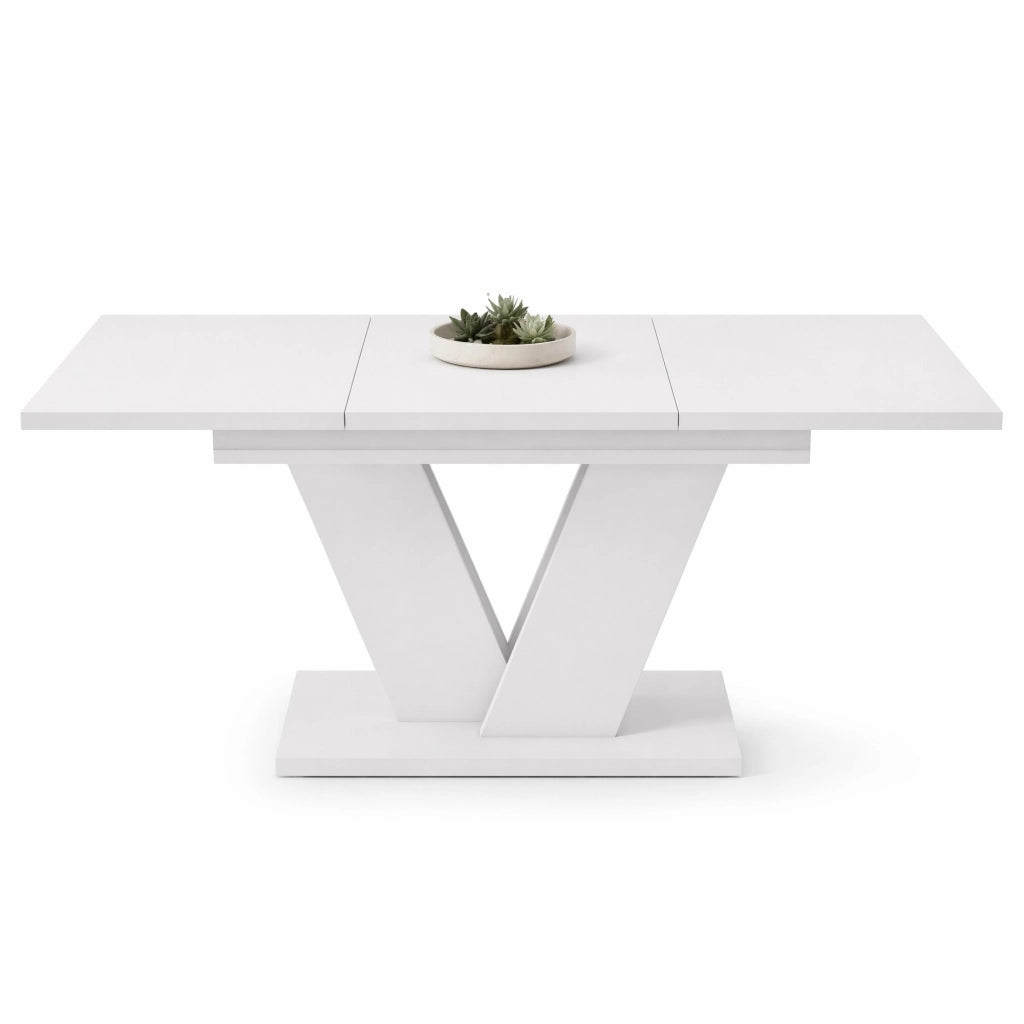 Tavolo da pranzo allungabile 120/160 cm, piano bianco, per 4-8 persone, gambe a V, MDF