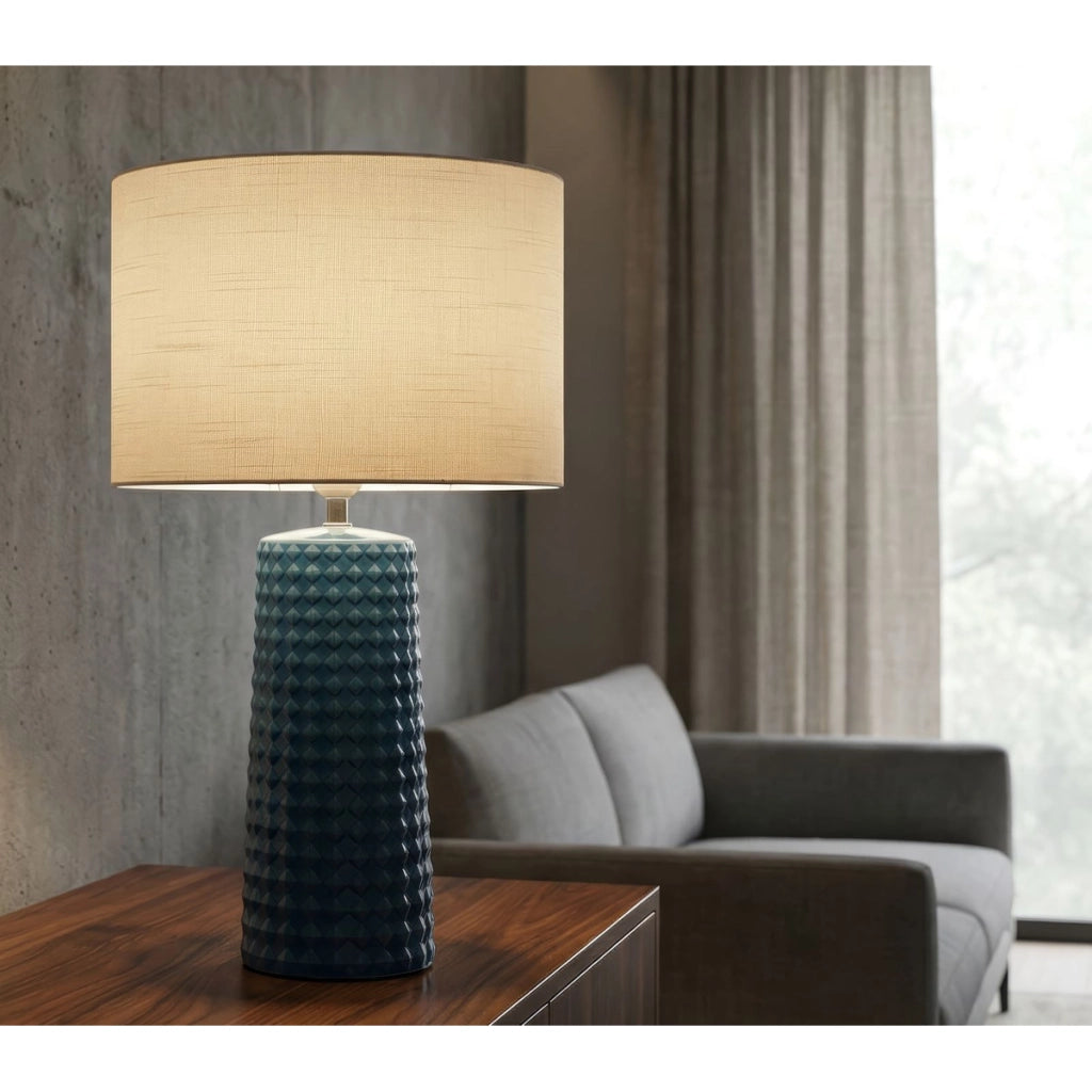 Lampada da tavolo Gliss in ceramica blu lucido e tessuto
