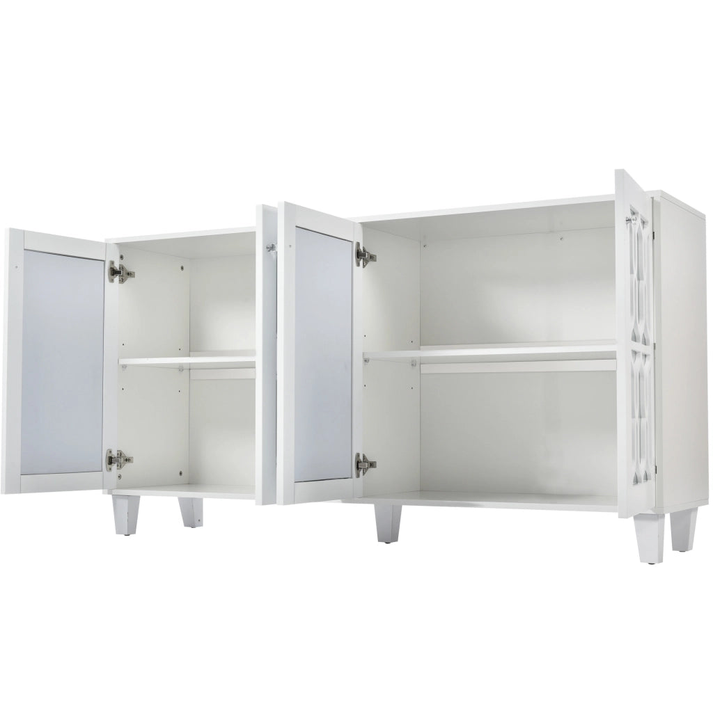 Credenza 160x40x84 cm con 4 ante; superficie specchiata; MDF bianco