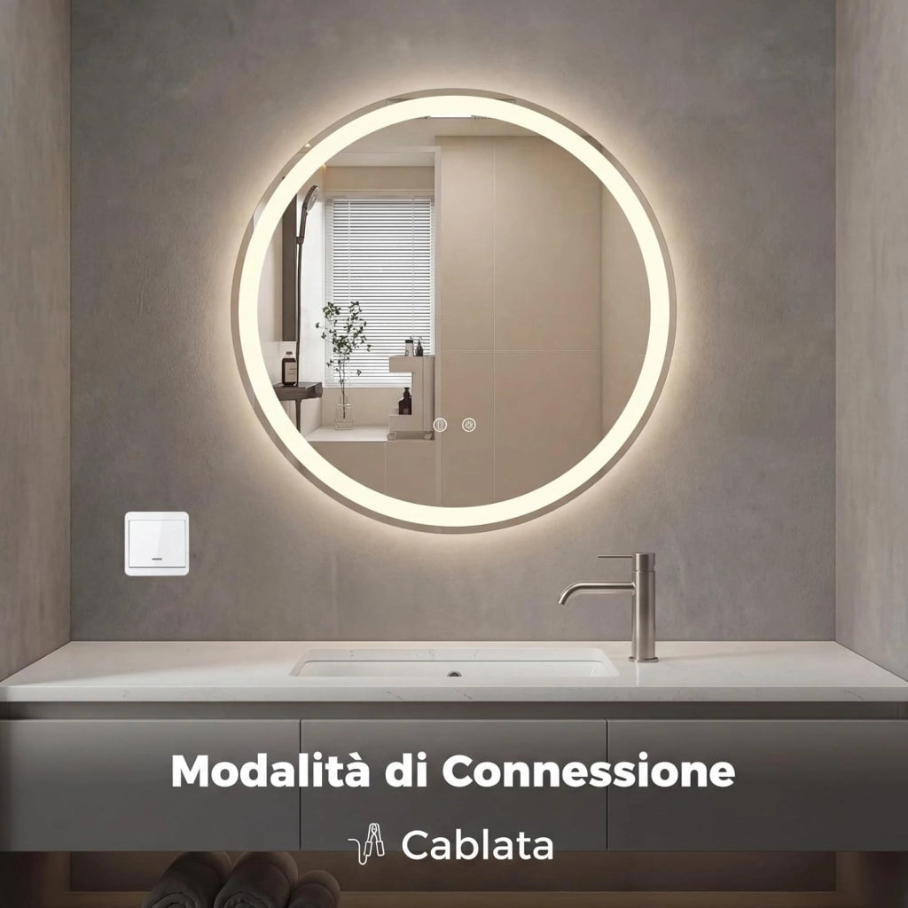 Specchio Rotondo LED con Luce da 80 cm, Specchio da Bagno da Parete con Luminosità Regolabile, Touch Intelligente, Funzione Memoria e Design Anti-Appannamento, per Ingresso (80 cm x 2,8 cm)