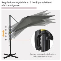 Ombrellone da Giardino con Angolazione Regolabile su 5 Livelli e Rotazione a 360°, 2.5x2.5 m, Grigio