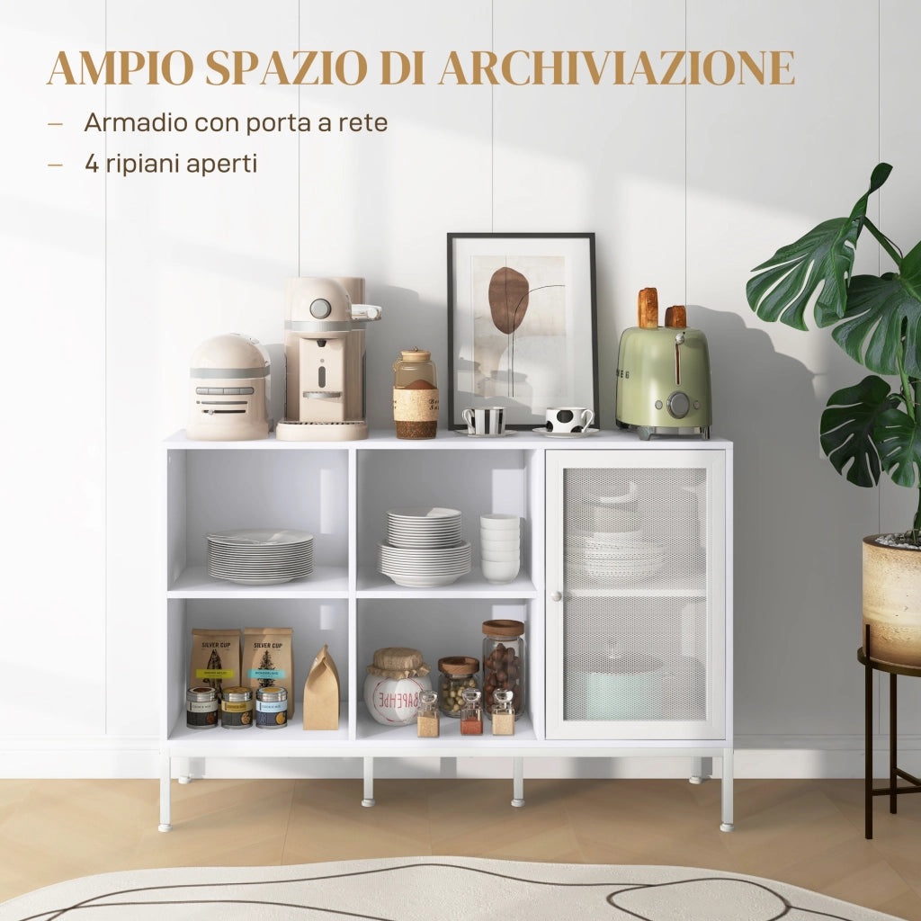 Mobile Buffet con 4 Ripiani Aperti Regolabili e Armadietto con Anta a Rete, Mobile Contenitore in Truciolato e Acciaio, 120x37x81.5 cm, Bianco