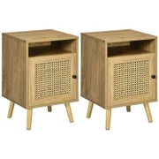 Set 2 Comodini in Stile Boho con Armadietto e Ripiano Aperto, in Truciolato, Rattan e MDF, 39x35x60 cm