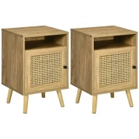 Set 2 Comodini in Stile Boho con Armadietto e Ripiano Aperto, in Truciolato, Rattan e MDF, 39x35x60 cm