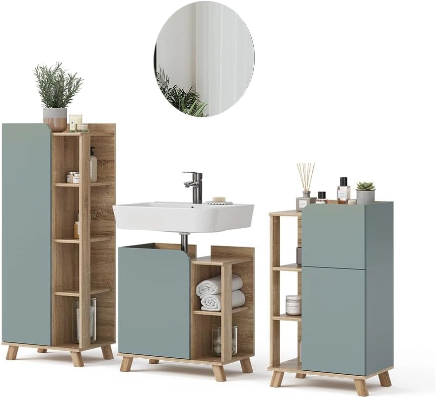 Set di mobili da bagno Karen, Sonoma/blu, 60 cm, composto da mobile lavabo, pensile a specchio, colonna e base media
