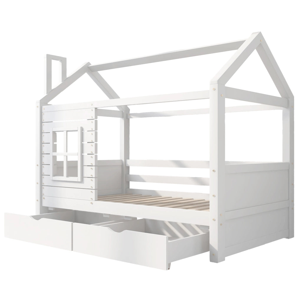 Letto per bambini a casetta 90x200 cm in legno massello di pino, bianco, con sponde, rete a doghe e 2 cassetti contenitore