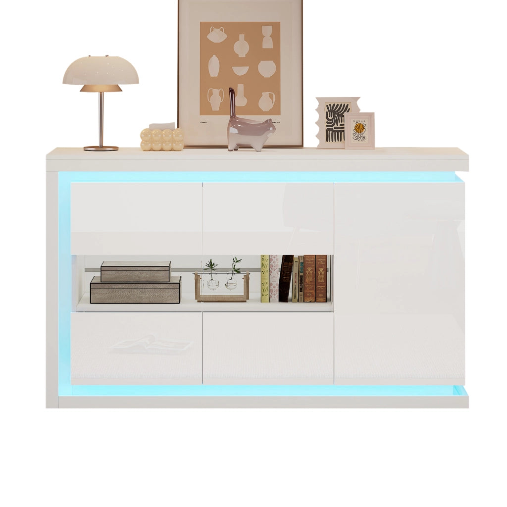 Credenza con 3 ante; ripiani regolabili e LED - per soggiorno - 140×40×84 cm - bianco