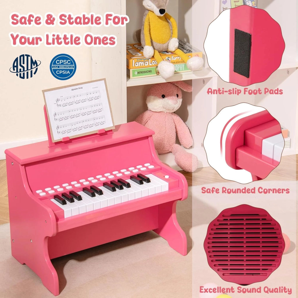 Pianoforte digitale a 25 tasti per bambini, pianoforte in legno con leggio, tasti illuminati, modalità didattica, 6 strumenti, 8 percussioni, tastiera per pianoforte con registrazione e