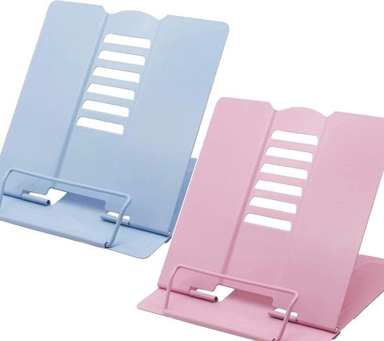Levaletti per libri, 2 pezzi di supporto per libri in metallo, regolabili, supporto per libri di cucina, supporto per libri per ufficio, supporto per libri per scuola, supporto per libri per cucina (rosa + blu)