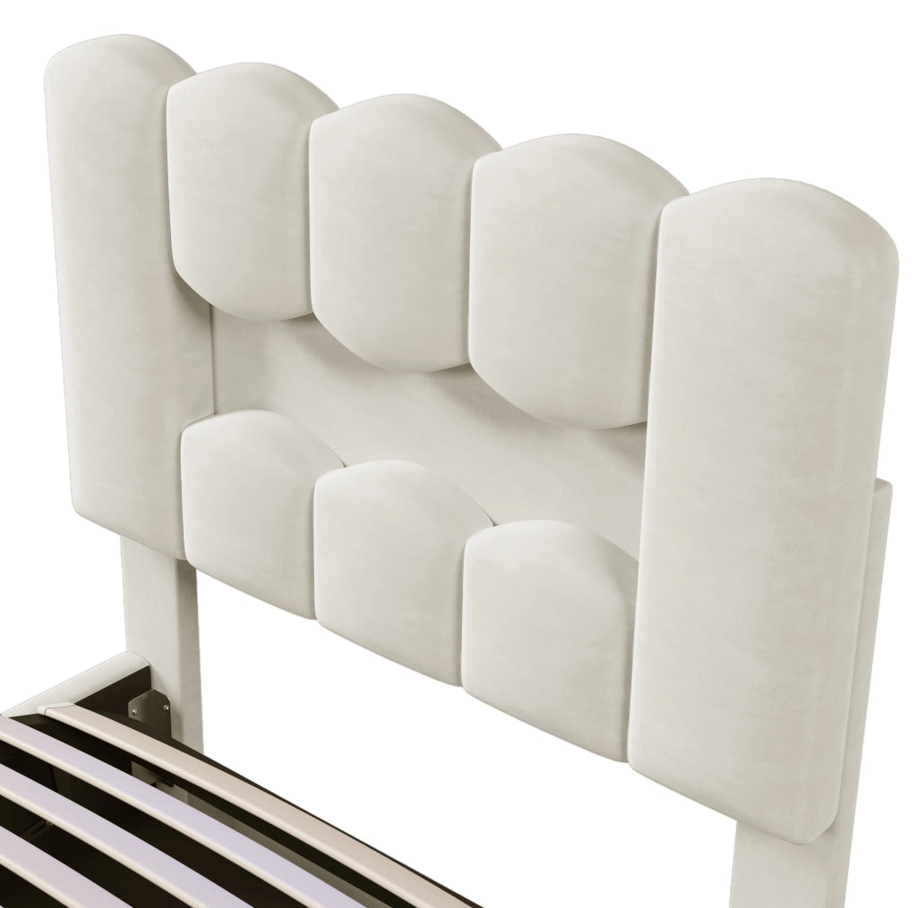 Letto imbottito 90x200 cm con contenitore idraulico; LED e testiera regolabile in velluto beige