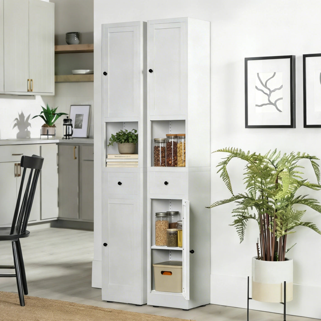 Armadietto da bagno in metallo con 2 ante e 5 ripiani regolabili, autoportante, bianco, 30 × 30 × 180,34 cm