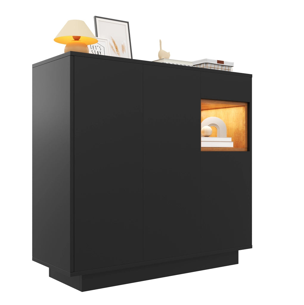 Scarpiera 105x39.5x100.5 cm con LED a 16 colori; ripiani regolabili e cassetto in truciolato nero; naturale