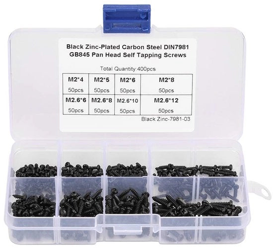 Assortimento di viti autoalleviative da 400 pezzi in acciaio inossidabile con contenitore in plastica per la conservazione - adatto per legno, plastica e metalli teneri - alta resistenza
