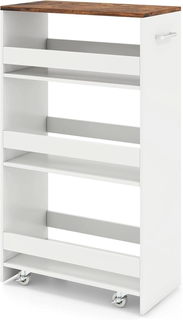 Carrello per Nicchia con Ruote, 4 Livelli，Carrello di Servizio Stretto Salvaspazio, da Bagno, Scaffale da Cucina Sottile 47,5 x 13 x 80,5 cm (Industriale+Bianco, Largo 25 cm)