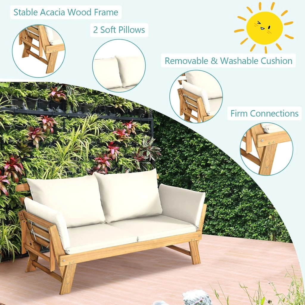 Divano Esterno da Giardino 2 Posti con Cuscino，Set da Giardino in Legno Certificato FSC，Sdraio da Giardino Pieghevole da 2 Persone,153/194 x 72 x 76 cm，Beige/Grigio