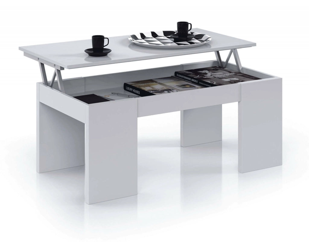 Tavolino da salotto Almo, Tavolino da caffè con piano elevabile, Tavolo basso da soggiorno, cm 100x50h43/84, Bianco lucido