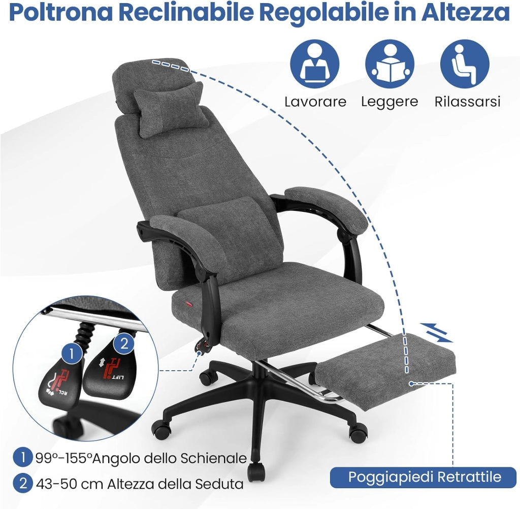 Sedia da Ufficio Reclinabile, Poltrona da Scrivania con Braccioli e Poggiapiedi Retrattile, Schienale Rogolabile, Poltrona Esecutiva Ergonomica con Cuscini per Collo e Lombari, Grigio