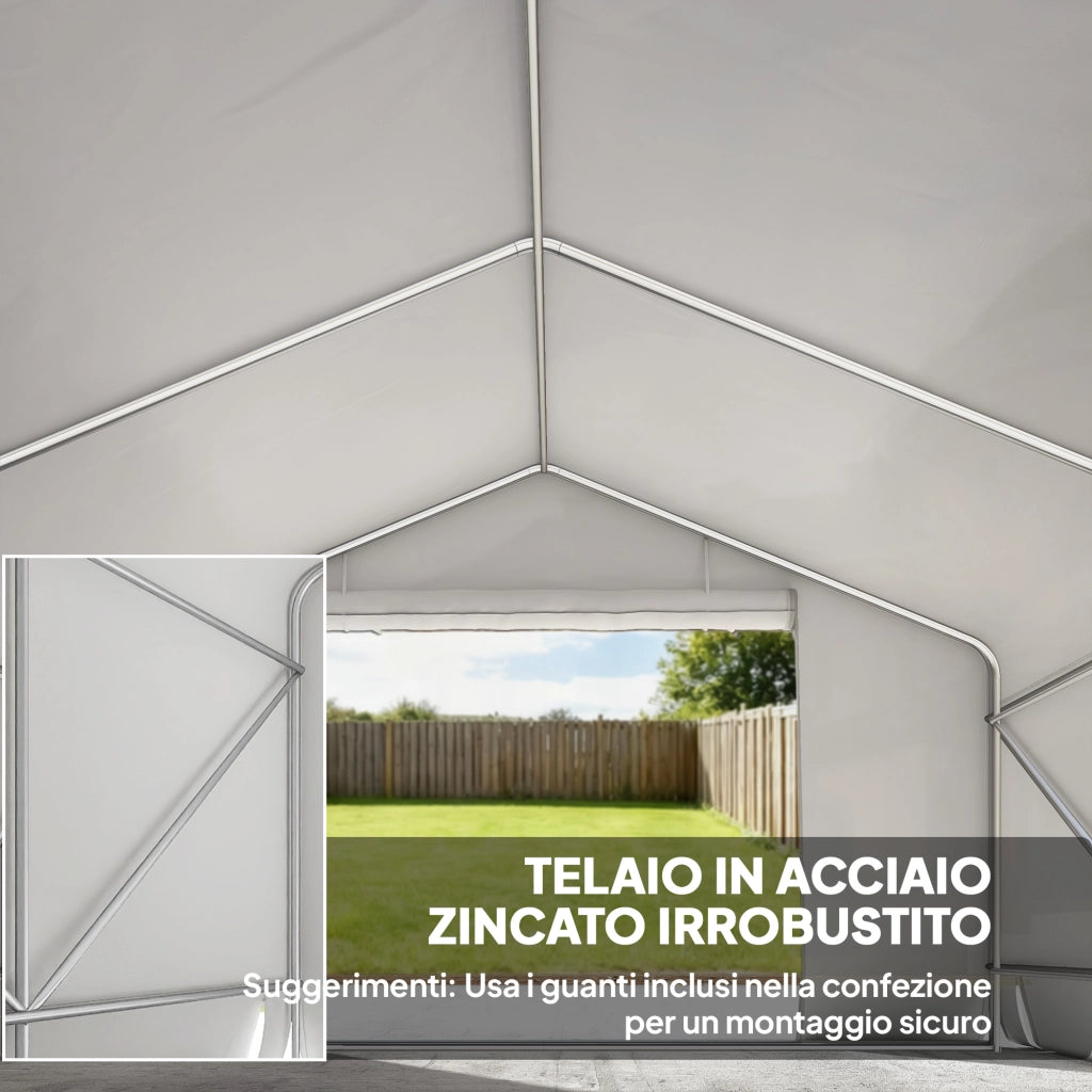 Capanno da Giardino e Tenda Garage 3x3 m Impermeabile con Porta Avvolgibile, Metallo e PE, Bianco