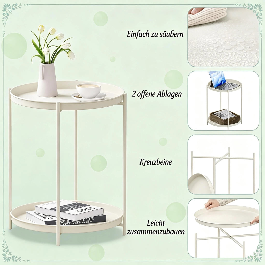 Tavolino basso rotondo con 2 ripiani rimovibili in metallo per soggiorno e camera da letto bianco crema 44 × 44 × 53 cm