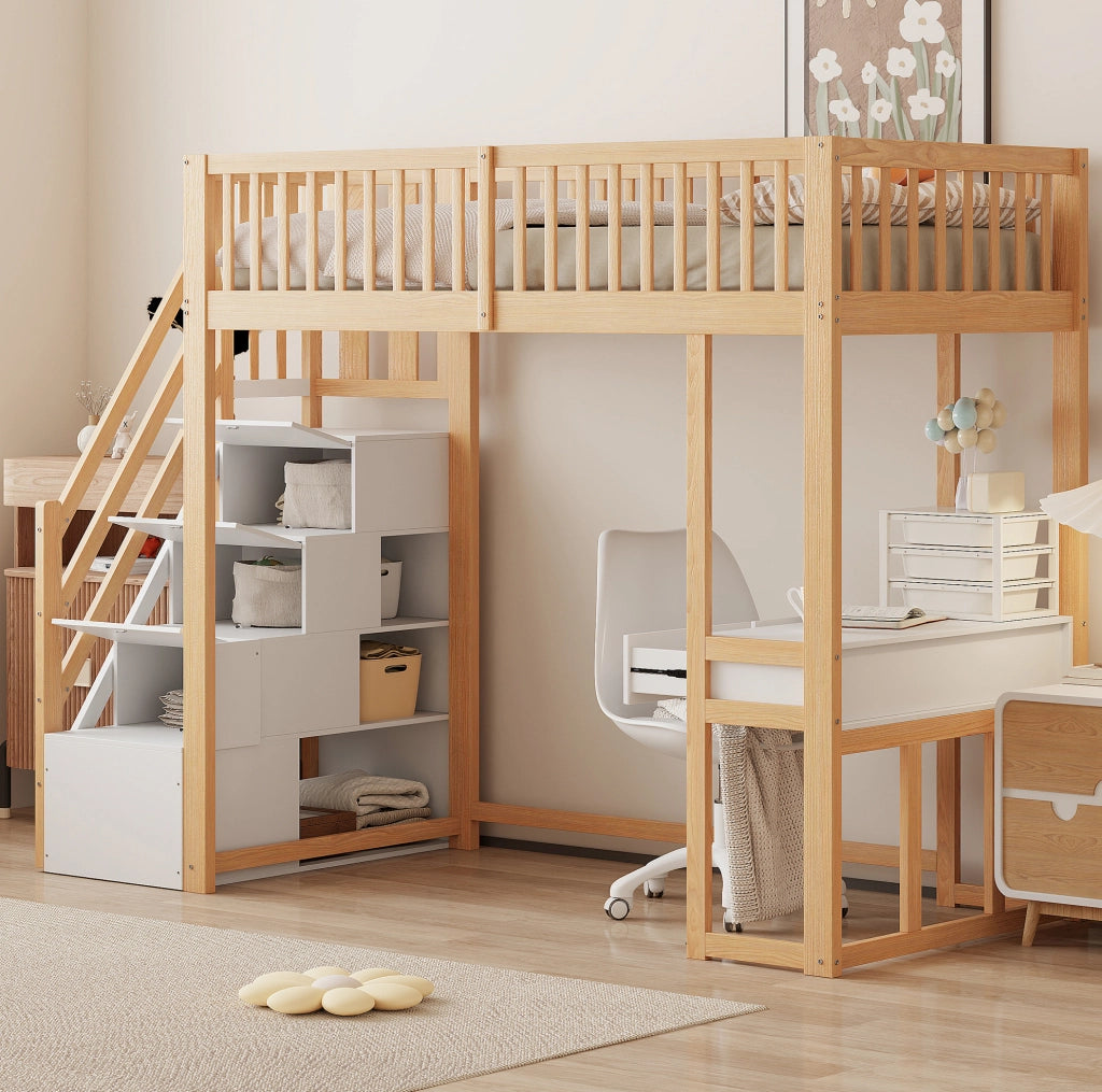Letto a soppalco 90x200 cm con tavolo multifunzione e scala contenitore in legno bianco e rovere chiaro