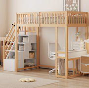 Letto a soppalco 90x200 cm con tavolo multifunzione e scala contenitore in legno bianco e rovere chiaro