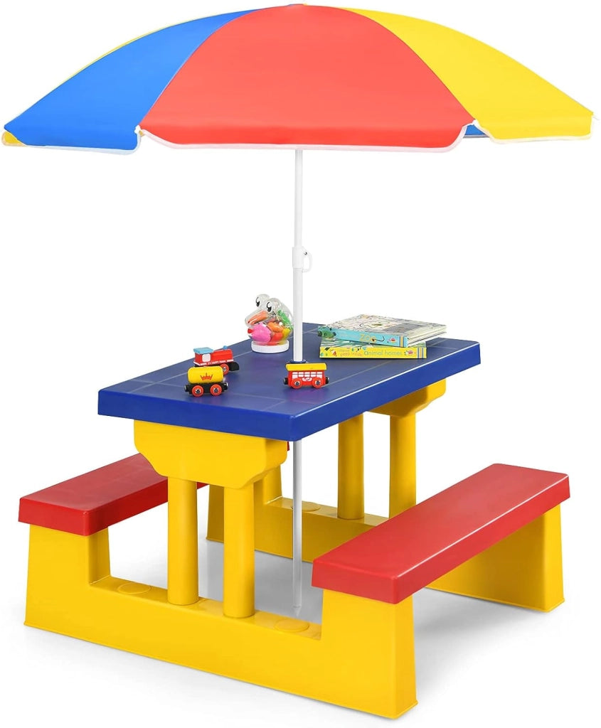 Tavolo da Picnic, Set di Tavolo e Sedie per Bambini con Parasole Pieghevole per Giardino/Terezzo/Parco, Bambini più di 3 Anni (Giallo + Rosso + Blu)