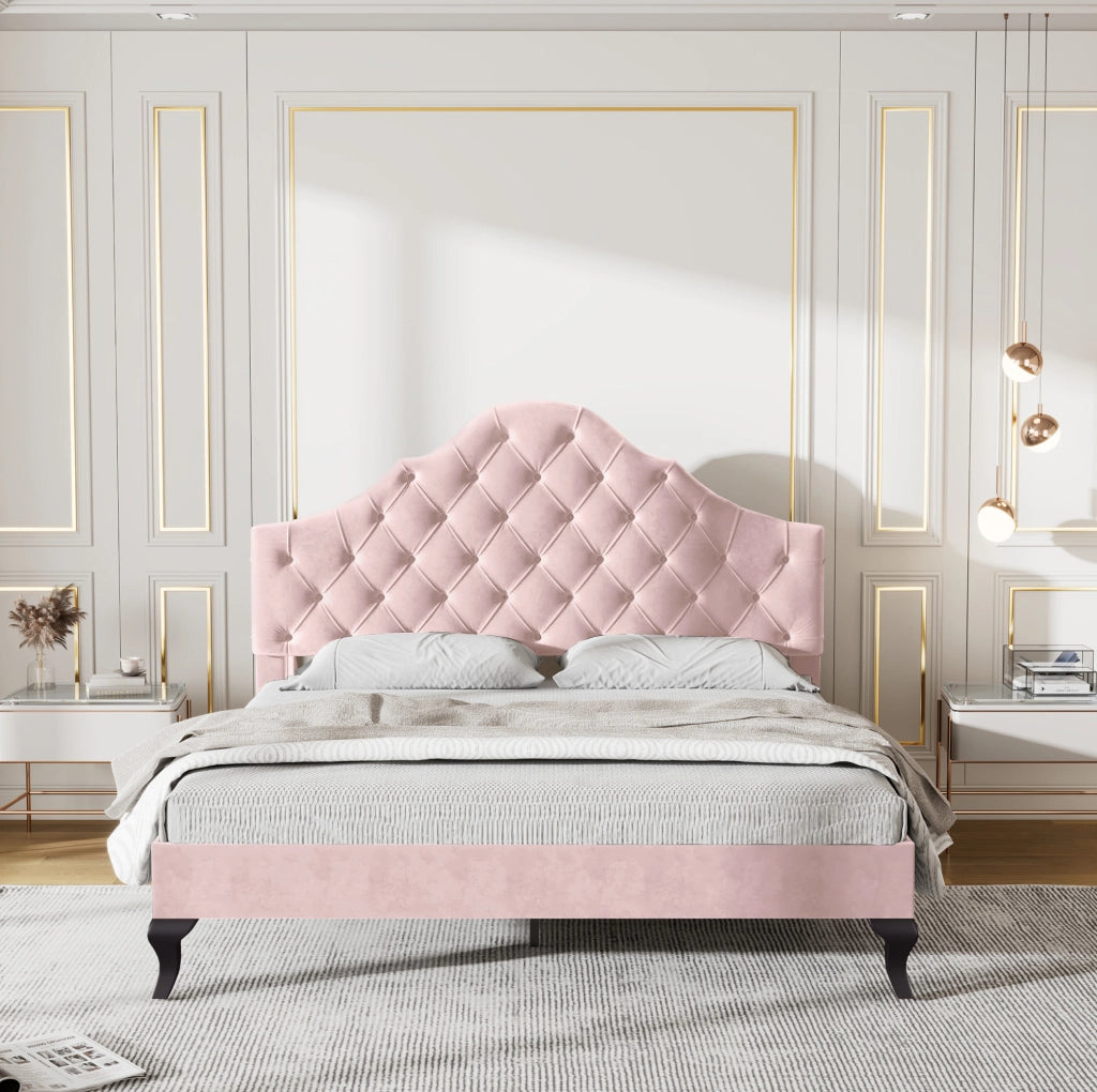 Letto imbottito 140x200 cm in velluto rosa con rete a doghe e testiera regolabile