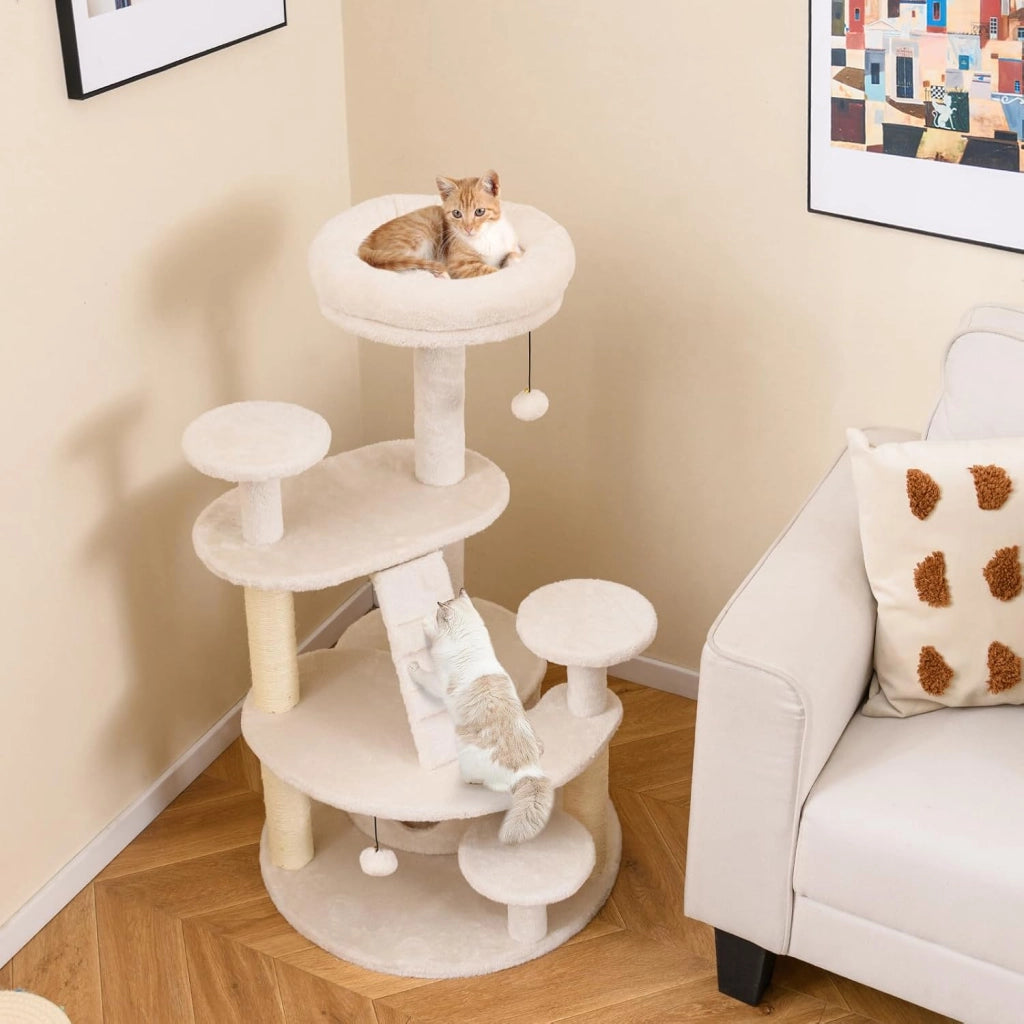Albero per Gatti Adulti, Torre per Gatti Alta 101 cm con Condominio, Piattaforma Imbottita, Tiragraffi, Pallina di Peluche Pendente e Scala, Albero Tiragraffi in Legno per Interno (Bianco)
