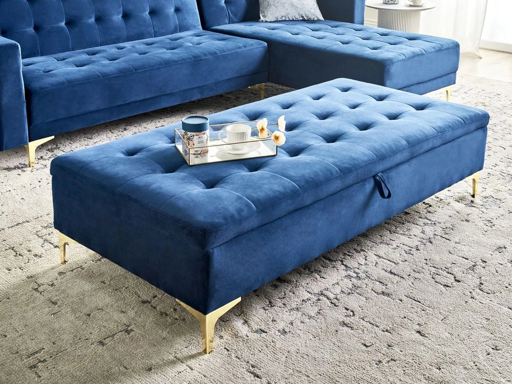 Poggiapiedi rettangolare con contenitore in velluto azzurro gambe dorate