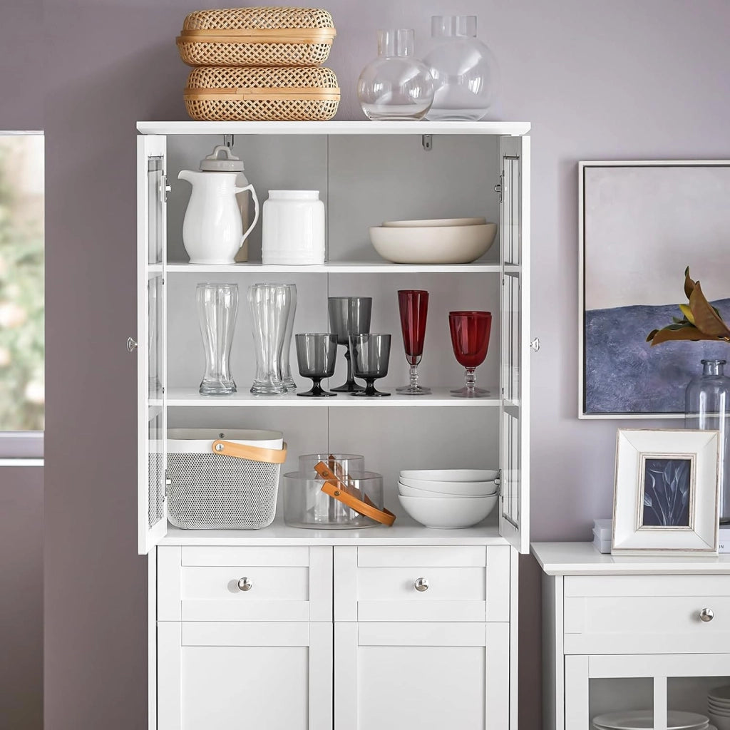 Credenza Alta per Cucina Mobile Buffet in Legno con 6 scomparti e 2 cassetti Armadio Dispensa in Stile moderno Bianco 75x40x175cm FSB76-W