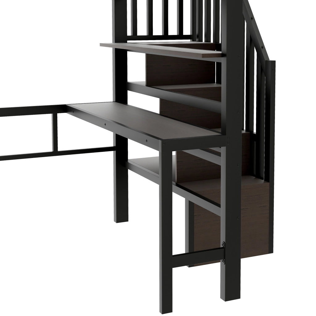 Letto a soppalco matrimoniale 140×200 cm con scrivania; ripiani; scala contenitore e LED; senza materasso; nero