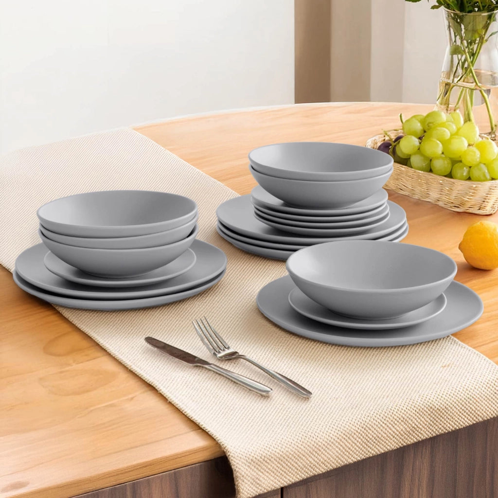Servizio 18 Pezzi Piatti Cucina In Porcellana Gres Matt Design Moderno Finiture Opache Piatto Fondo Piano Dessert Lavastoviglie Microonde Colorazioni Tinta Unita Certificati Contatto Alimentare Grigio