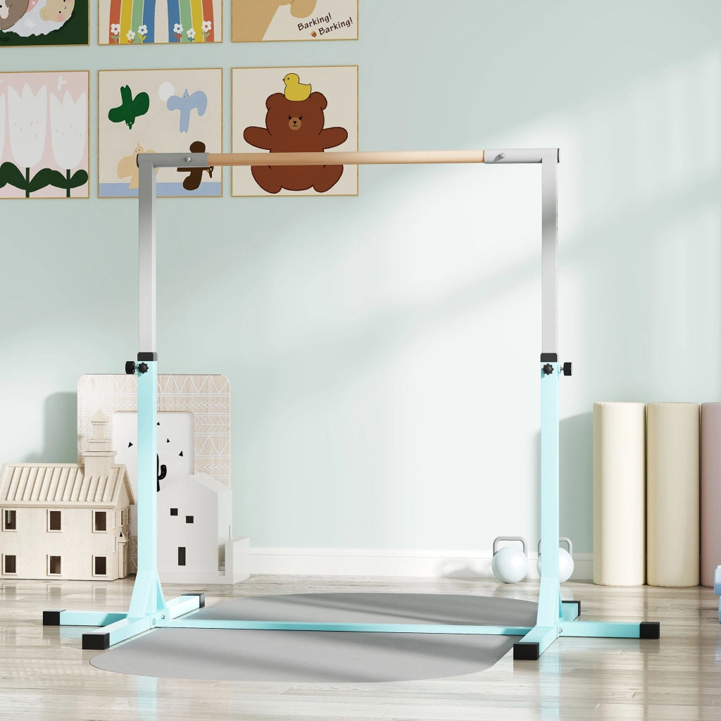 Barra da Ginnastica per Bambini 3+ Anni 194x121x92-150 cm in Acciaio e Legno Massello di Faggio Celeste