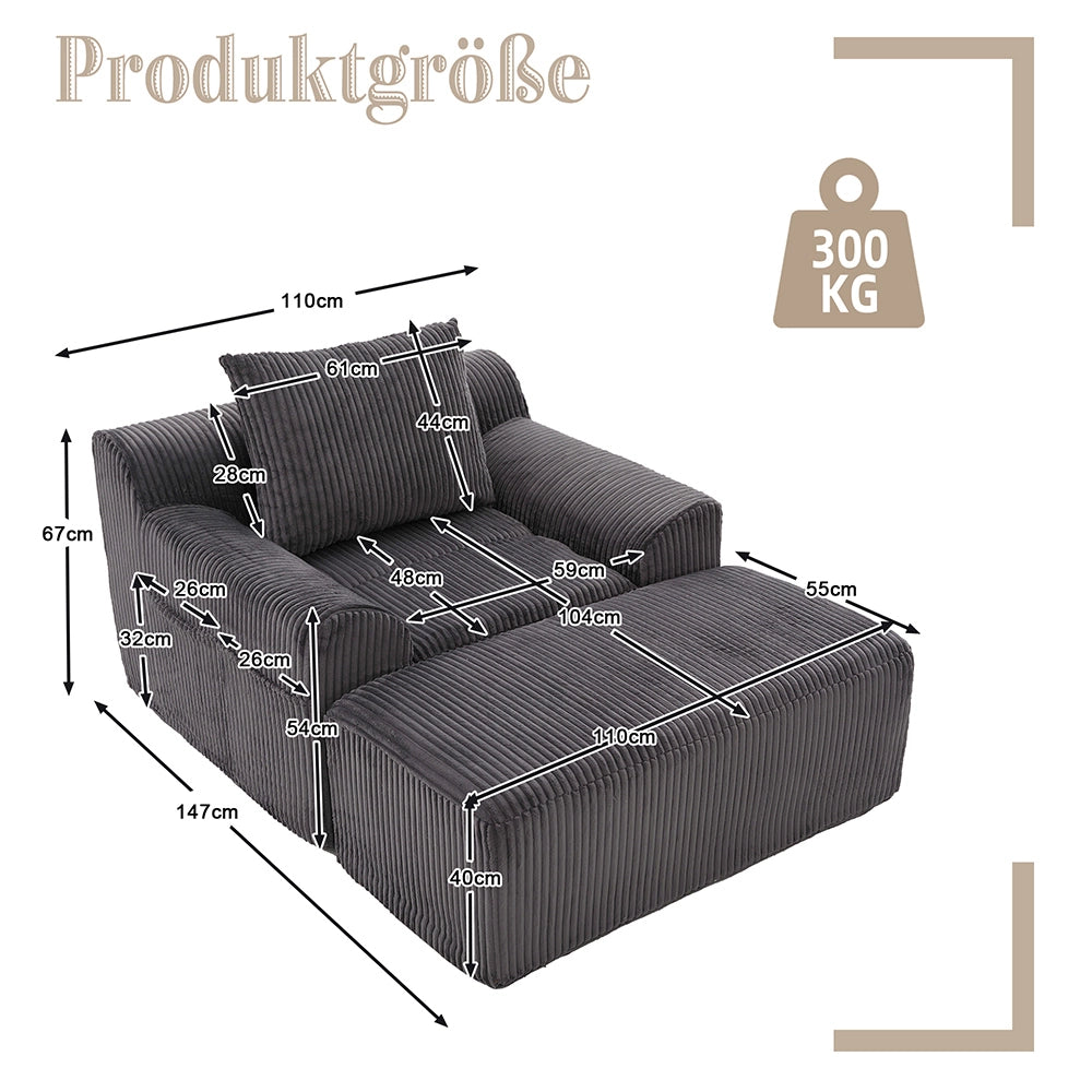 Poltrona oversize - Xylo - Velluto costato con tasche laterali, pouf e nessun assemblaggio