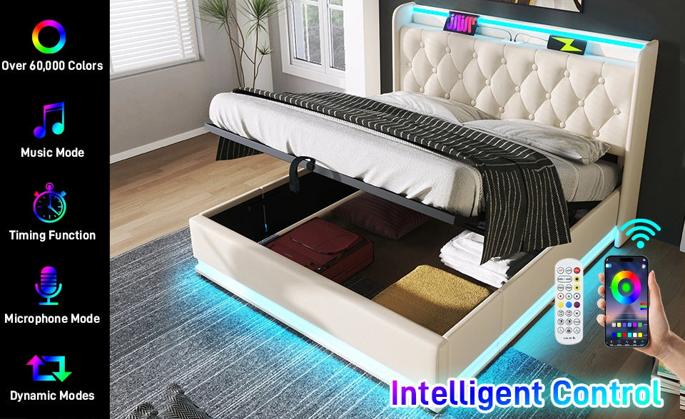 Letto imbottito con LED 360, vano contenitore e USB Type-C 140x190 bianco