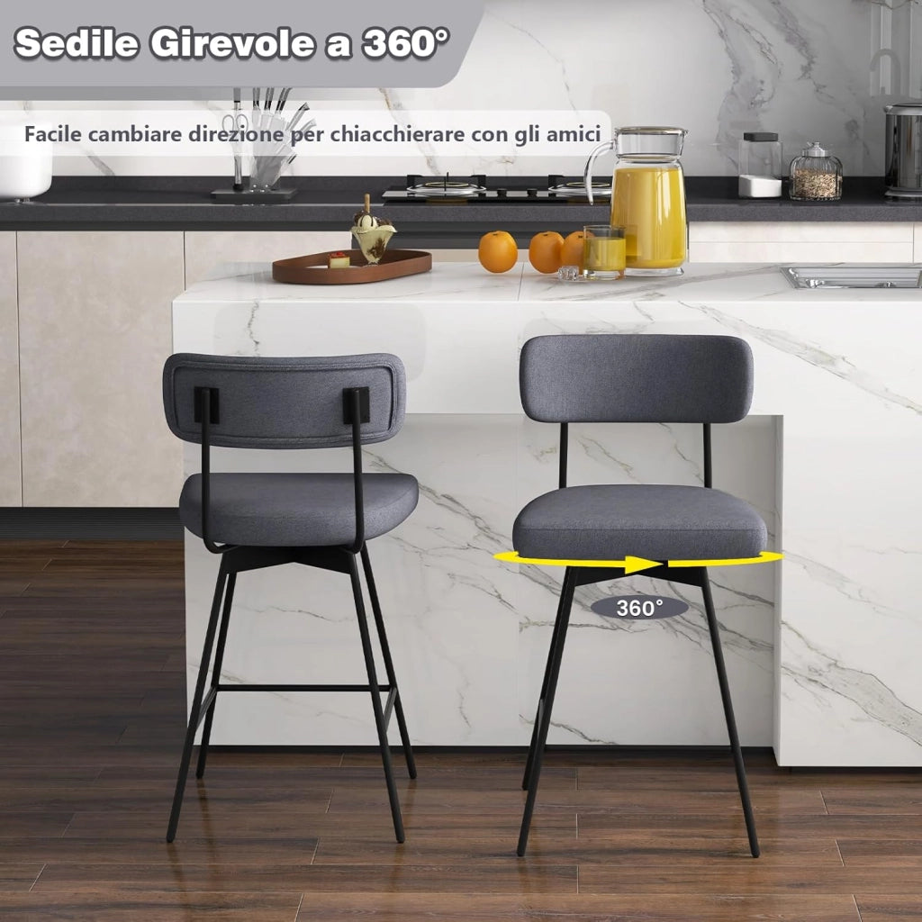 Set di 2 Sgabelli da Bar Girevoli a 360°, Sgabelli da Cucina con Schienale, Poggiapiedi, Sedia Alta Moderna Imbottita Struttura in Metallo, Altezza 90,5 cm, Capacità di 150 kg (Grigio)