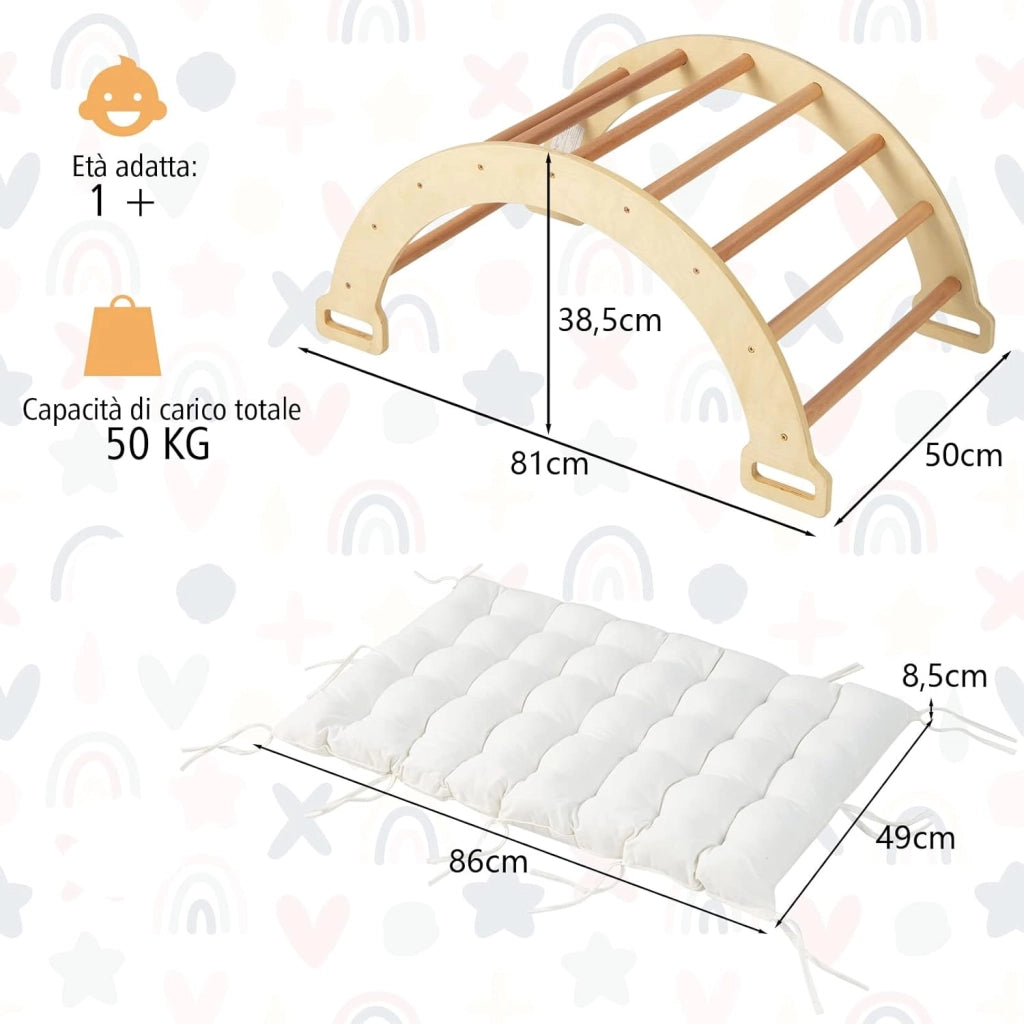 Arco da Arrampicata per Bambini, 2 in 1 Altalena ad Arco in Legno con Cuscino Morbido, Doppia Faccia, Ideale per Bambini 1+ Anni (Naturale)
