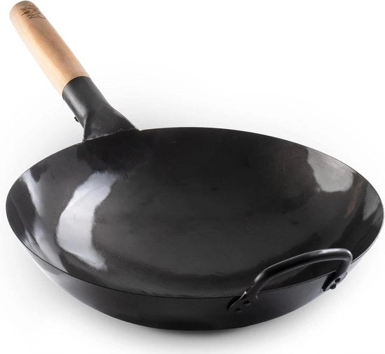 Wok in Carbon Staal con Manico in Legno e Acciaio - 335 cm Base Circolare