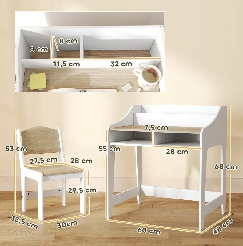 Set scrivania e sedia per bambini in legno con vani