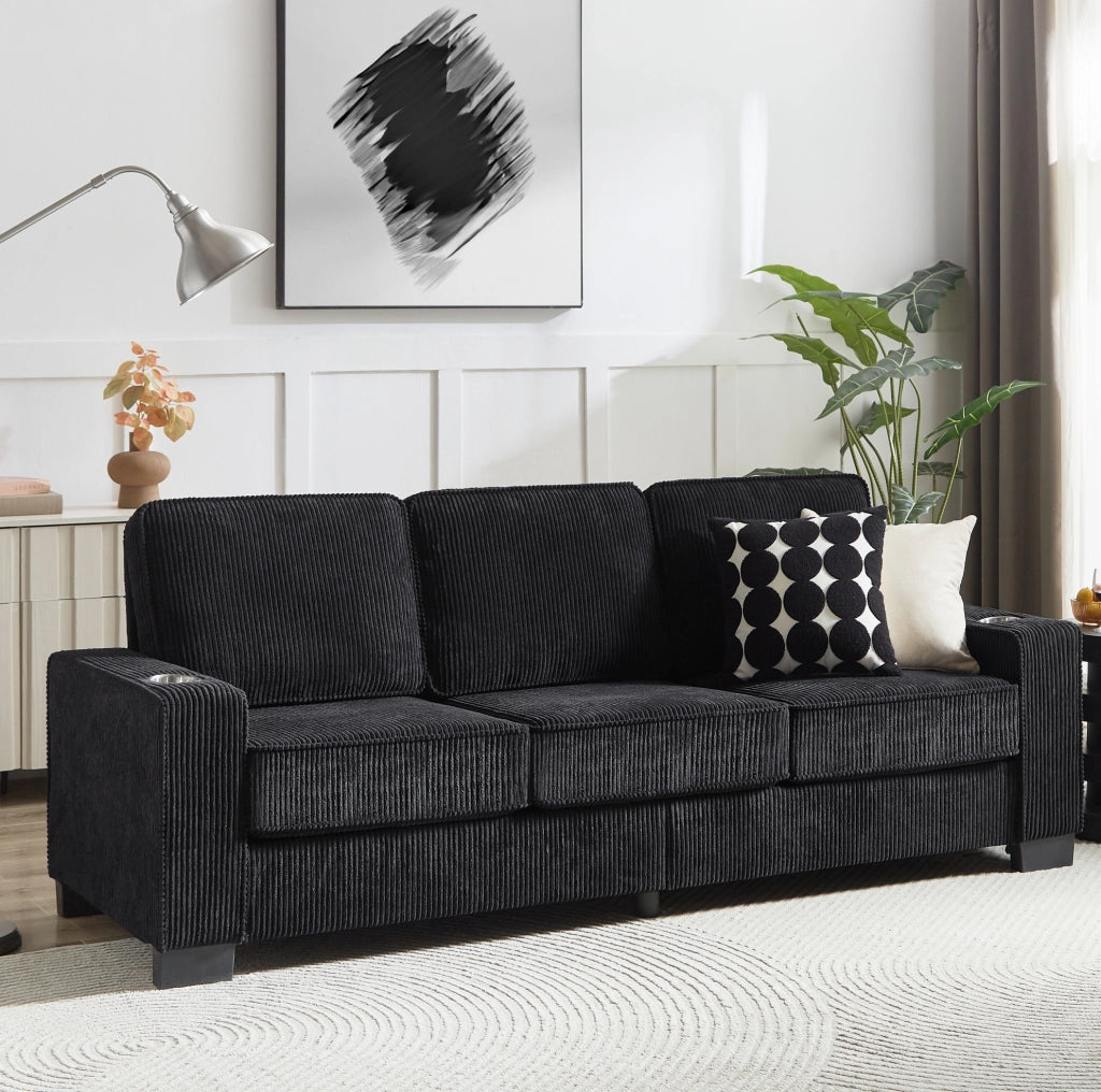 Divano 3 posti in corduroy nero con portabicchieri; 206 cm