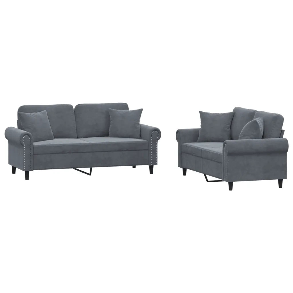 Set di Divani 2 pz con Cuscini Grigio Scuro in Velluto