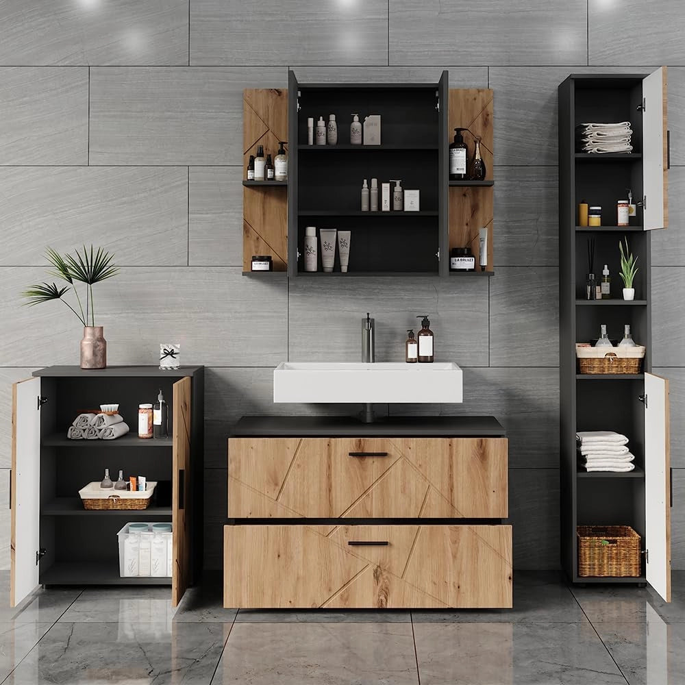 Set di mobili da bagno Irma, Antracite/Artisan, 4 parti