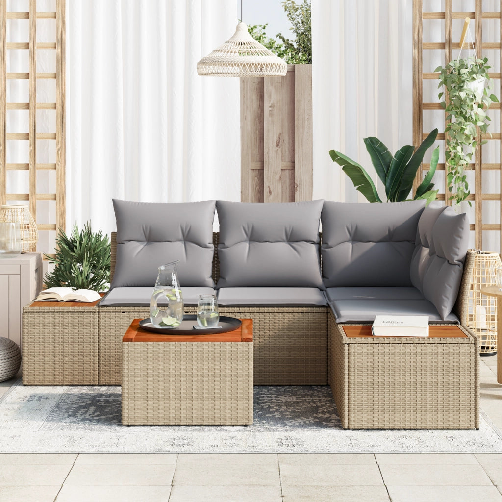 Set Divani da Giardino 5 Pezzi con Cuscini Beige Polyrattan Acacia