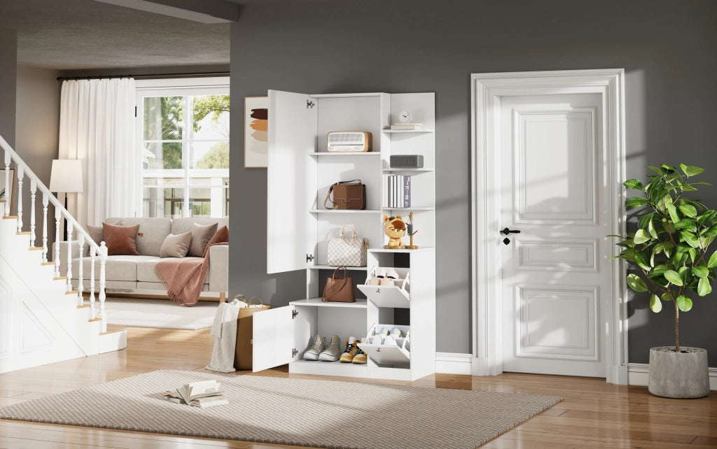 Mobile da ingresso bianco 85x40x180 cm con specchio, scarpiera e ripiani
