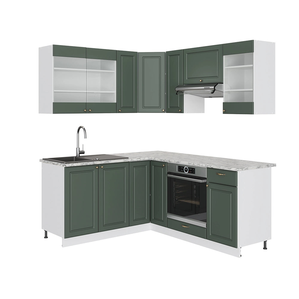 Cucina angolare completa Fame-Line Verde-oro rustico/Bianco 190 x 46 cm senza piano di lavoro Vicco