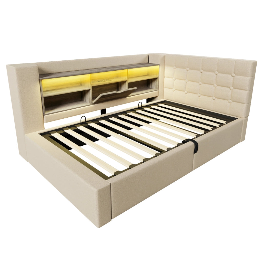 Letto singolo 90x200 cm in lino beige con LED; contenitore idraulico; USB e materasso