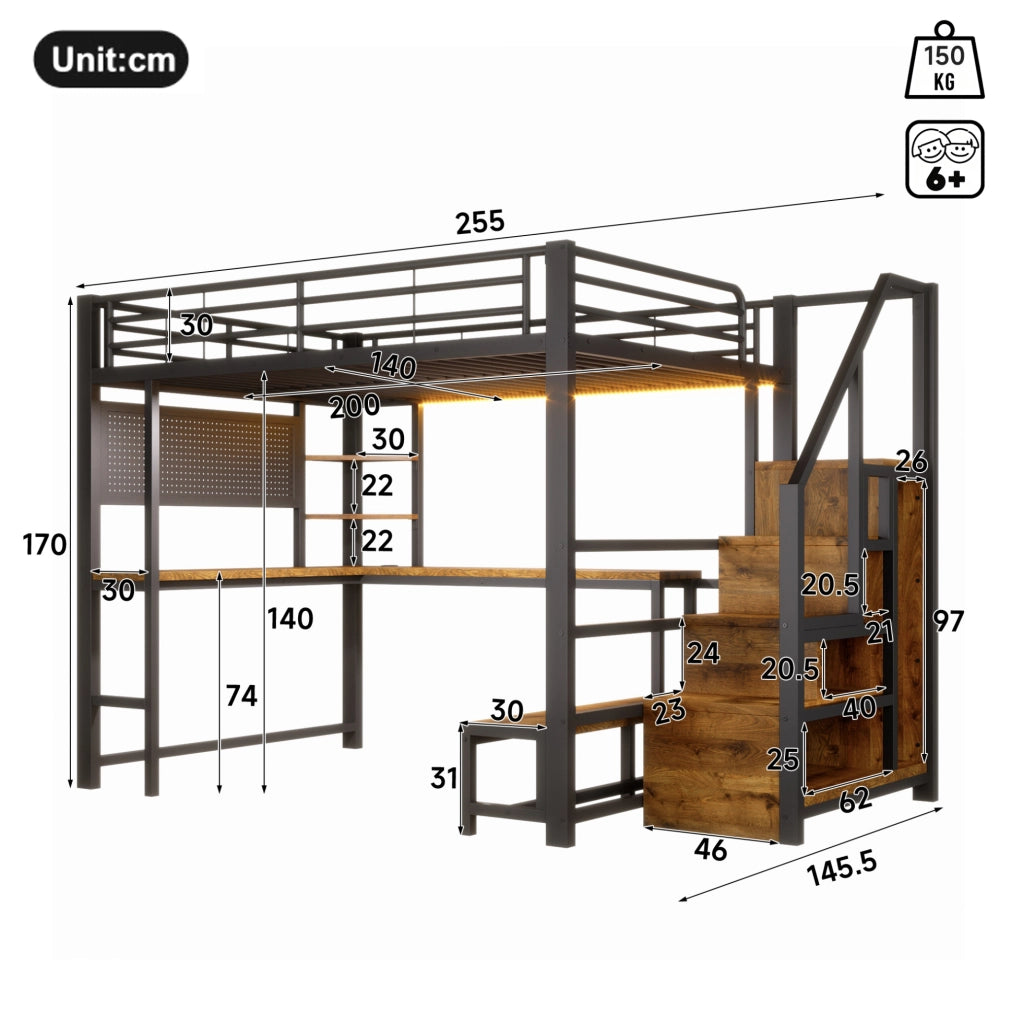 Letto a soppalco 140x200 cm con scrivania; LED; USB e USB-C; struttura in metallo e MDF; nero