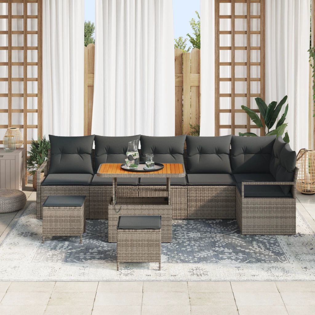 Set di divano da giardino  9 pezzi con cuscini Grigio Poli Rattan Acacia